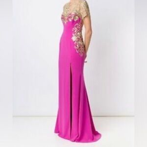 Marchesa Notte Pink & Gold Embroidered Illusion Gown, size 10